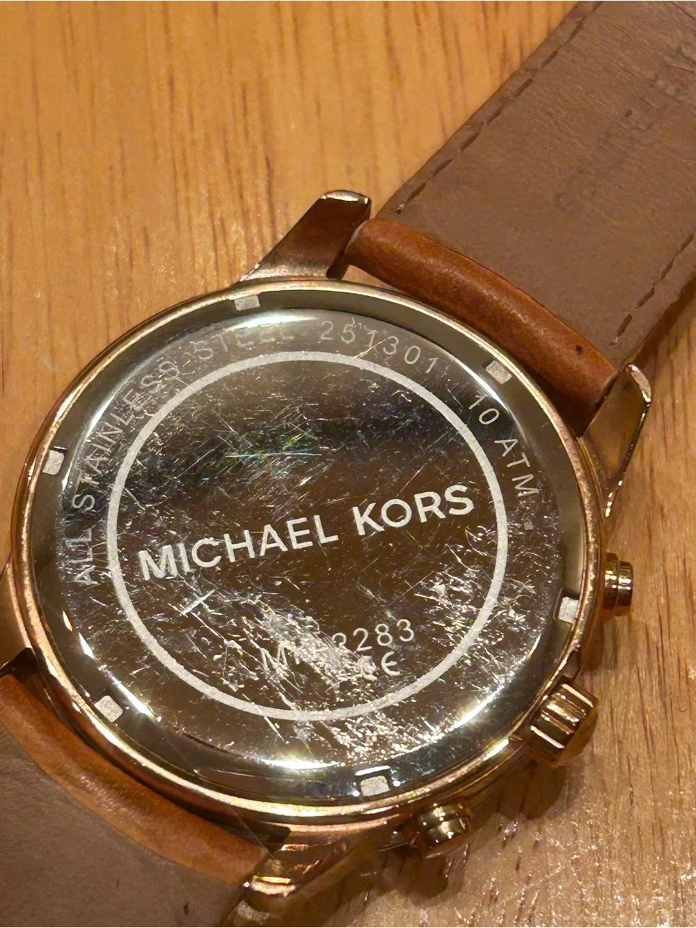 Michael Kors Rose Gold Tone Chronograph Watch with Brown Leather Strap